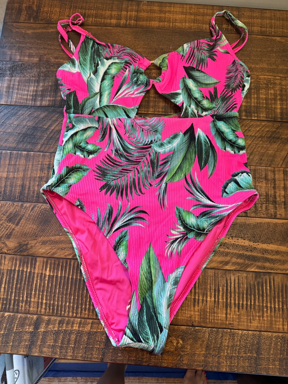 Hot Pink Tropical One-Piece Swimsuit with Green Leaf Print